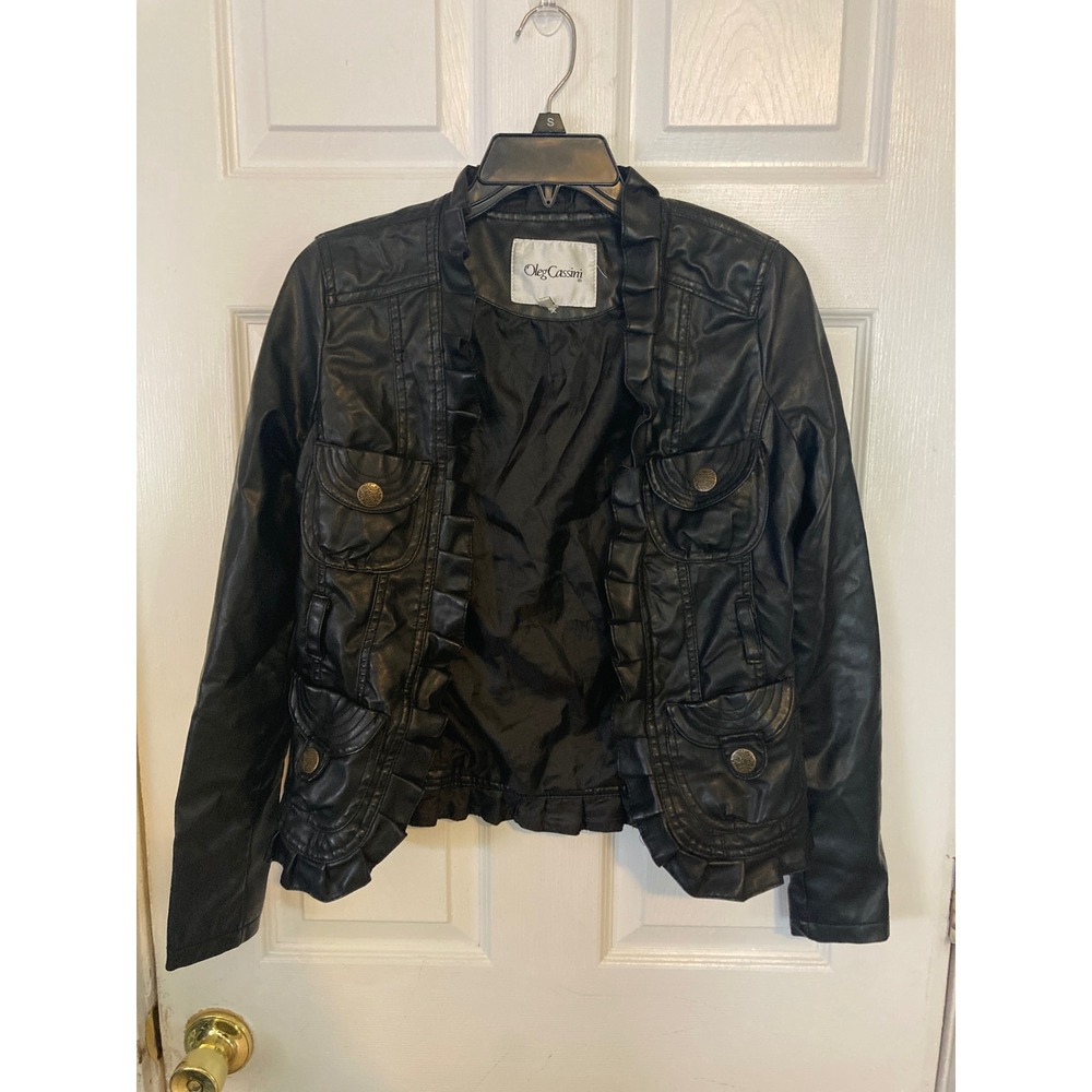 Oleg Cassini Black Faux Leather Ruffle Trim Open Front Jacket Womens Small